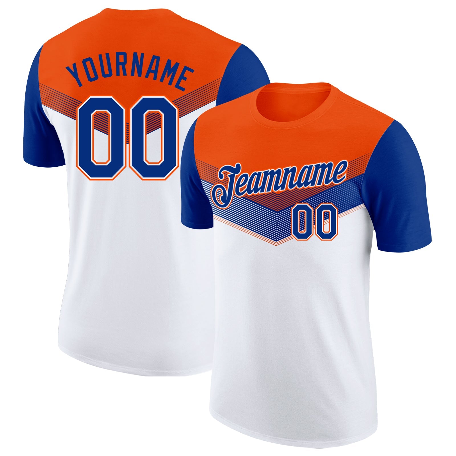 Custom Orange Royal-White Geometric V-Lines Color Block Performance T-Shirt - Main View