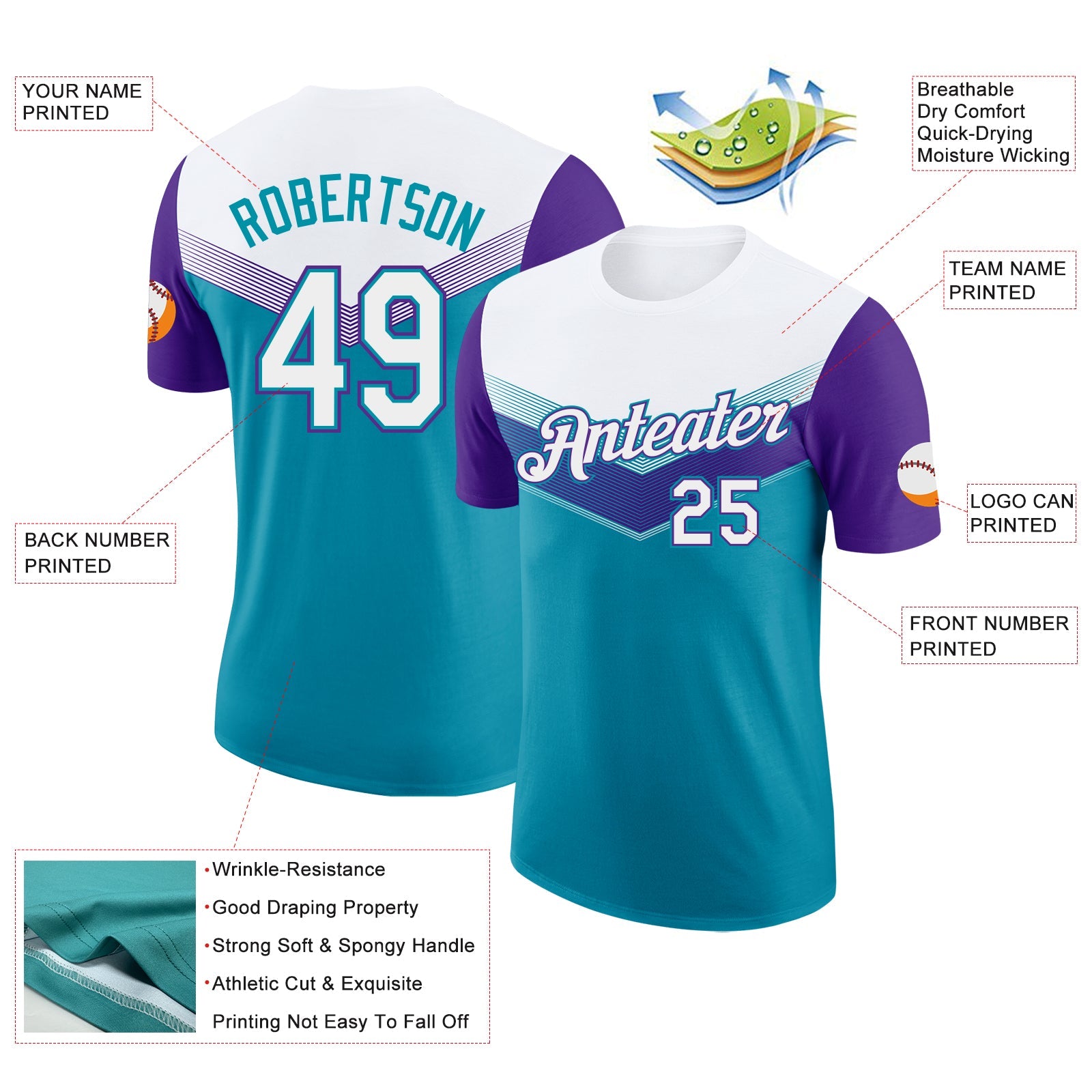 Custom White Teal-Purple Geometric V-Lines Color Block Performance T-Shirt view 2