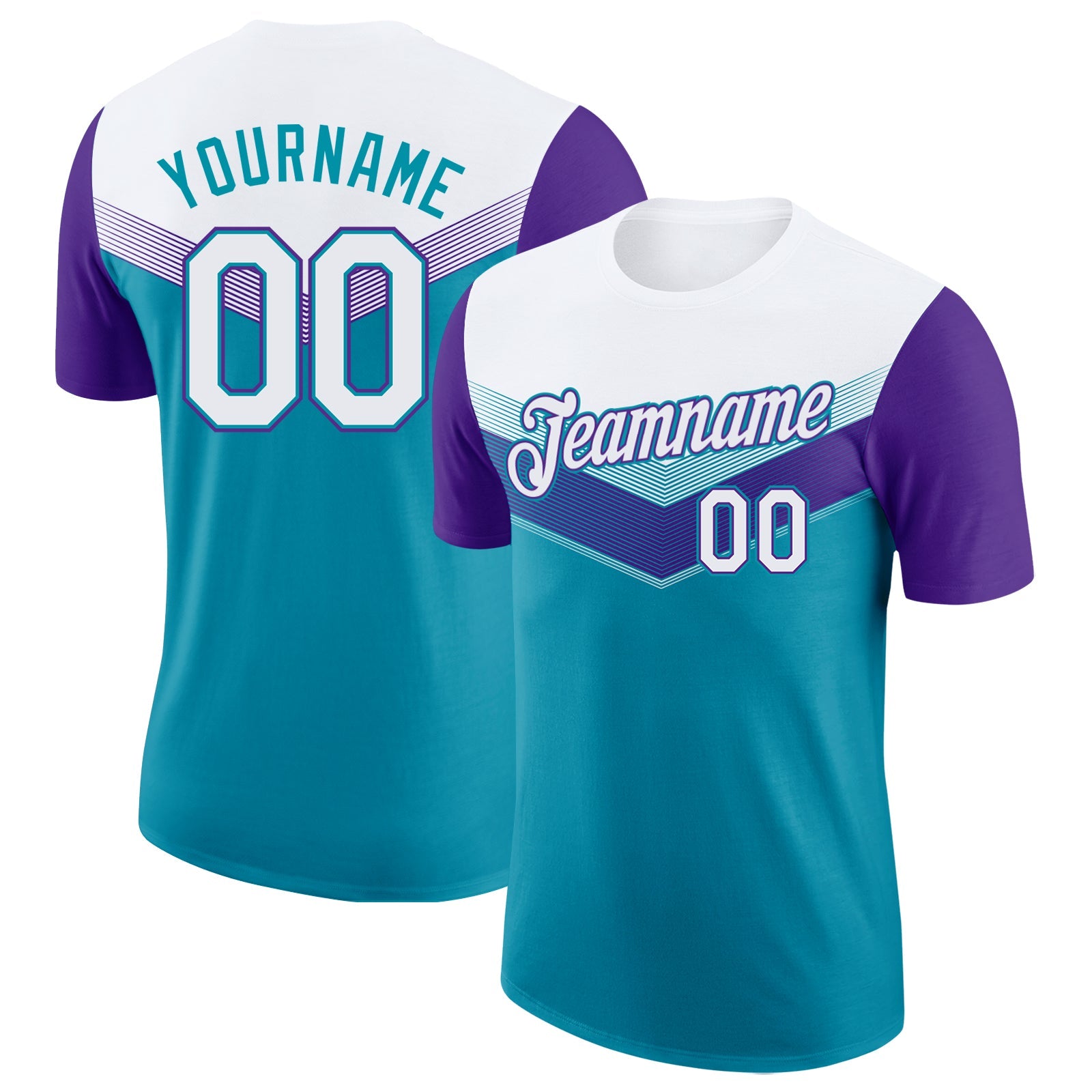 Custom White Teal-Purple Geometric V-Lines Color Block Performance T-Shirt - Main View