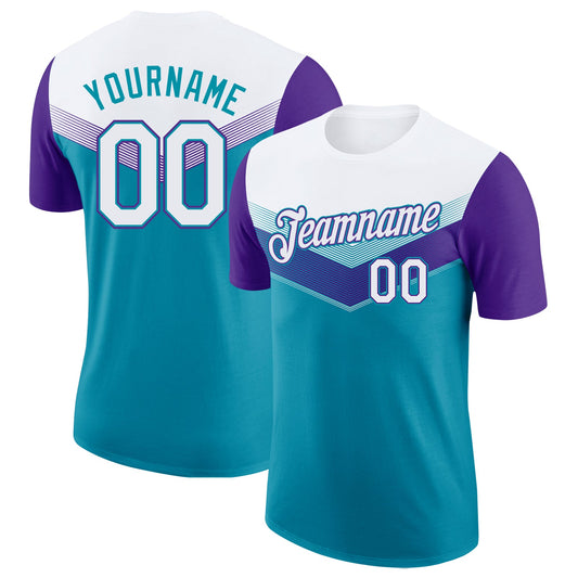Custom White Teal-Purple Geometric V-Lines Color Block Performance T-Shirt - Main View