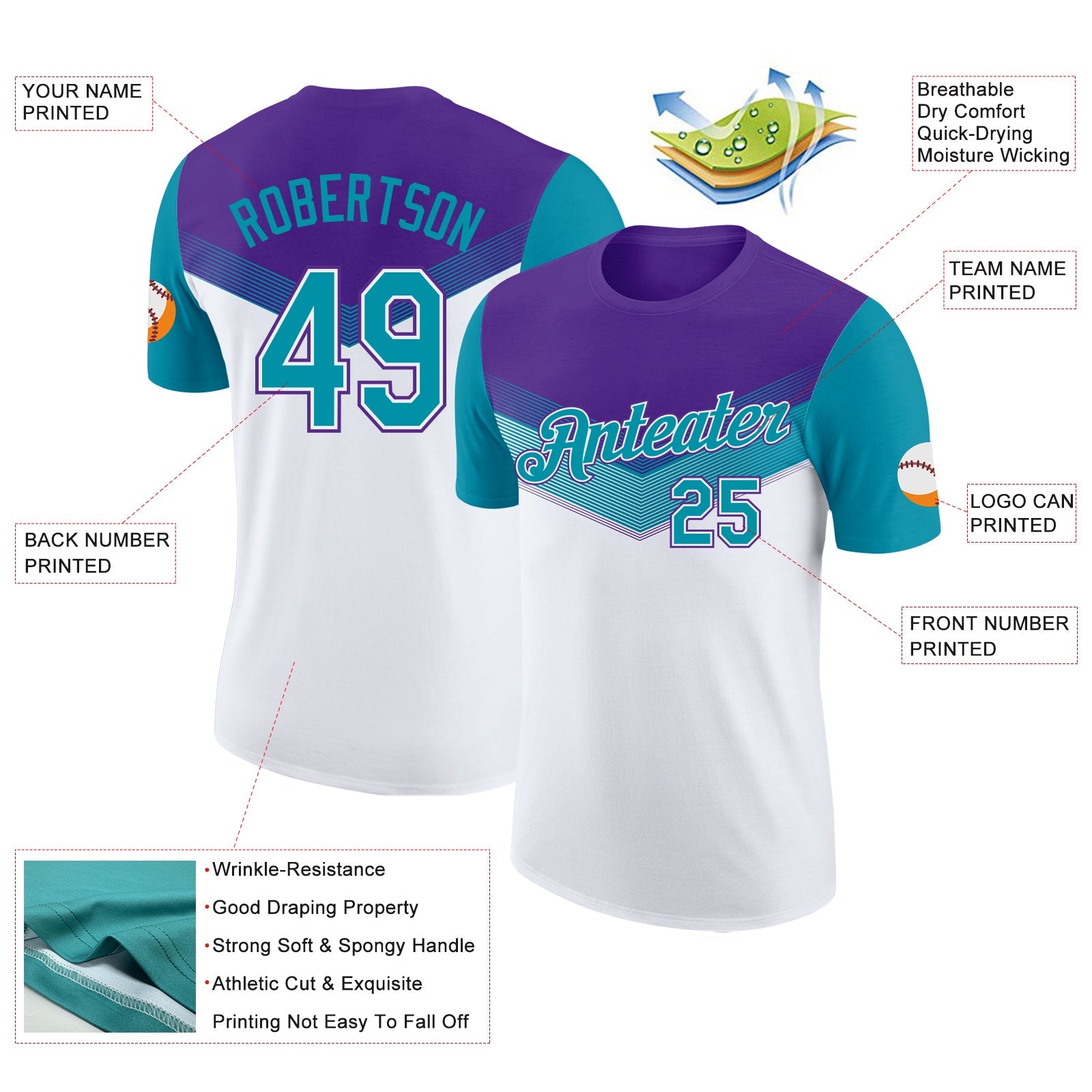 Custom Purple Teal-White Geometric V-Lines Color Block Performance T-Shirt view 2