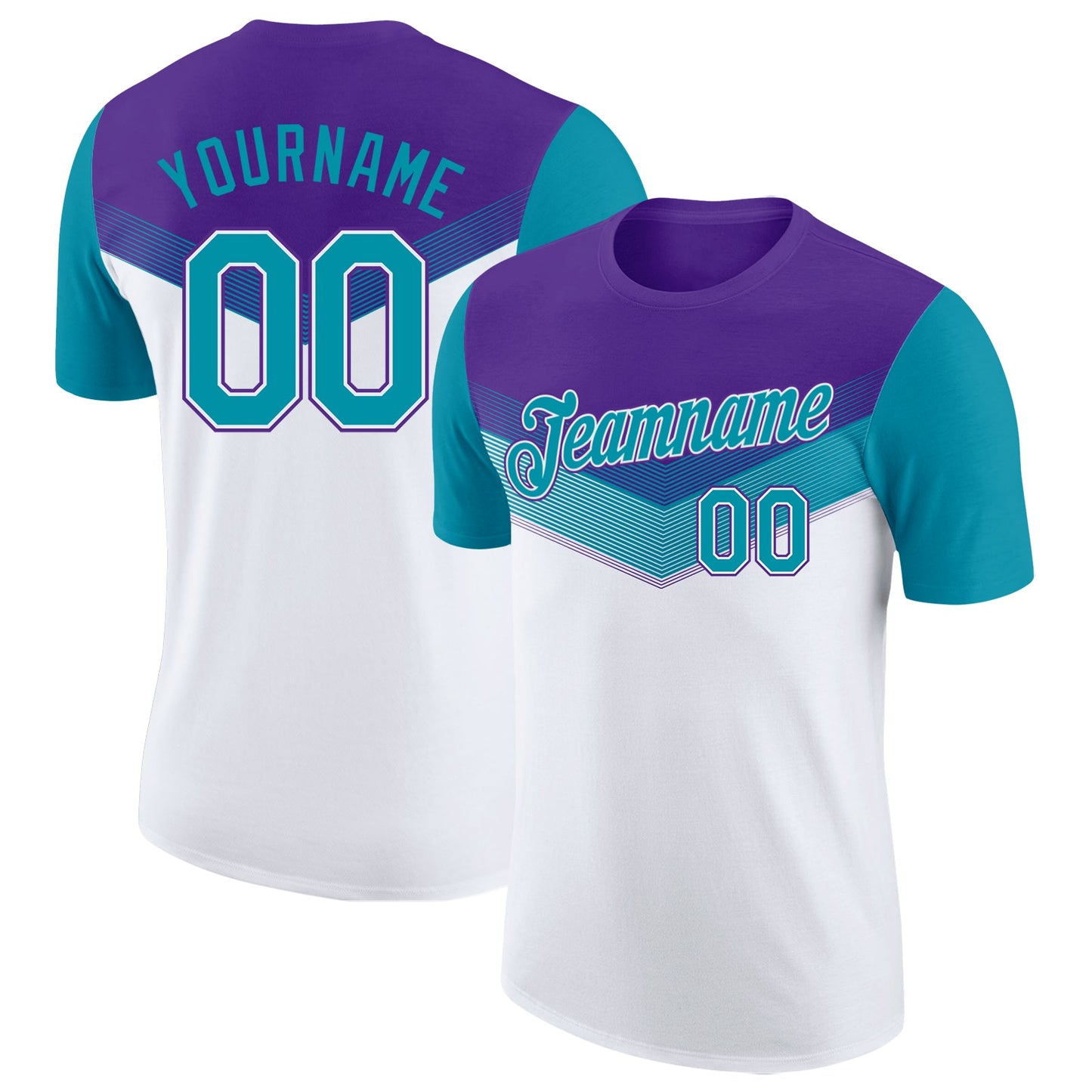Custom Purple Teal-White Geometric V-Lines Color Block Performance T-Shirt - Main View