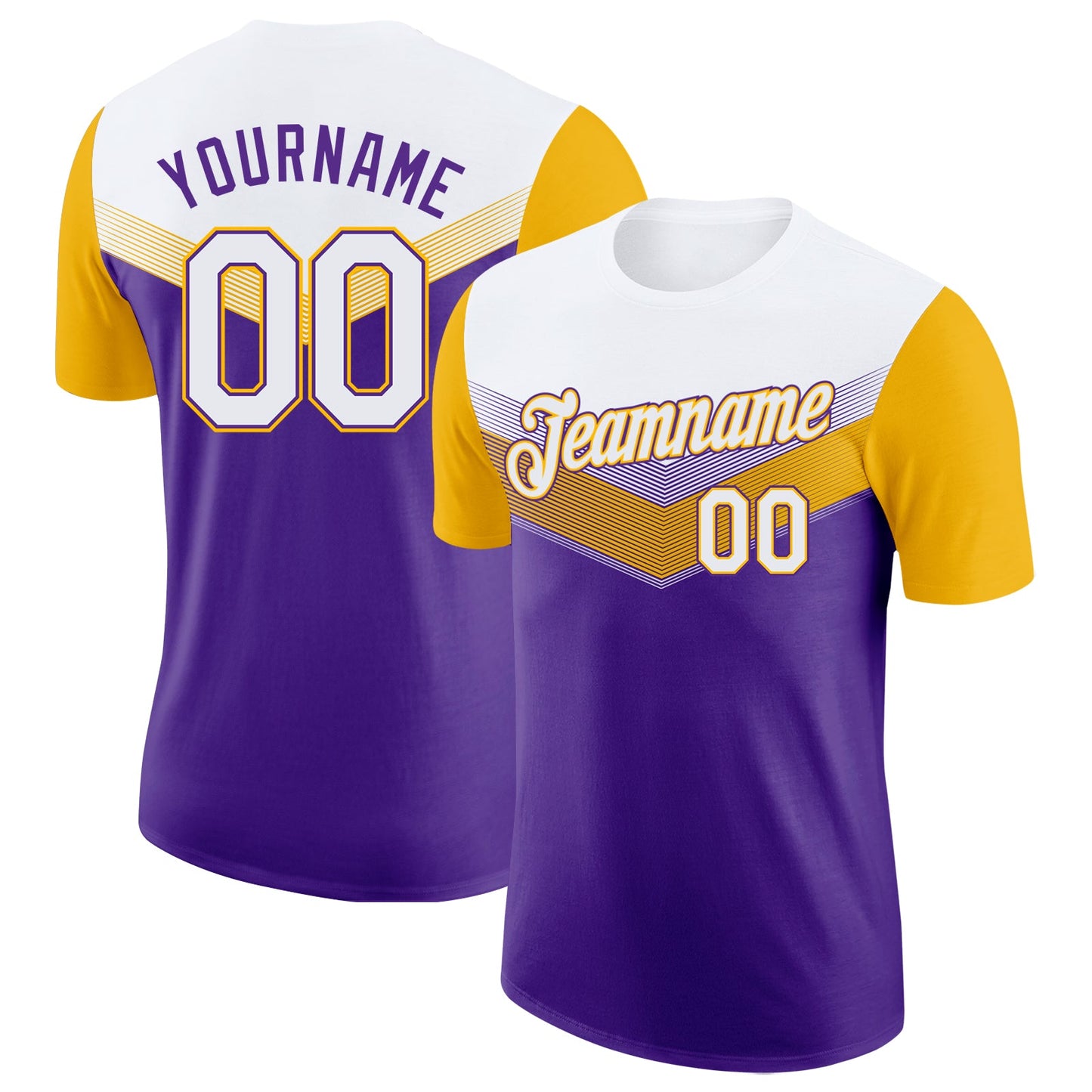 Custom White Purple-Gold Geometric V-Lines Color Block Performance T-Shirt - Main View
