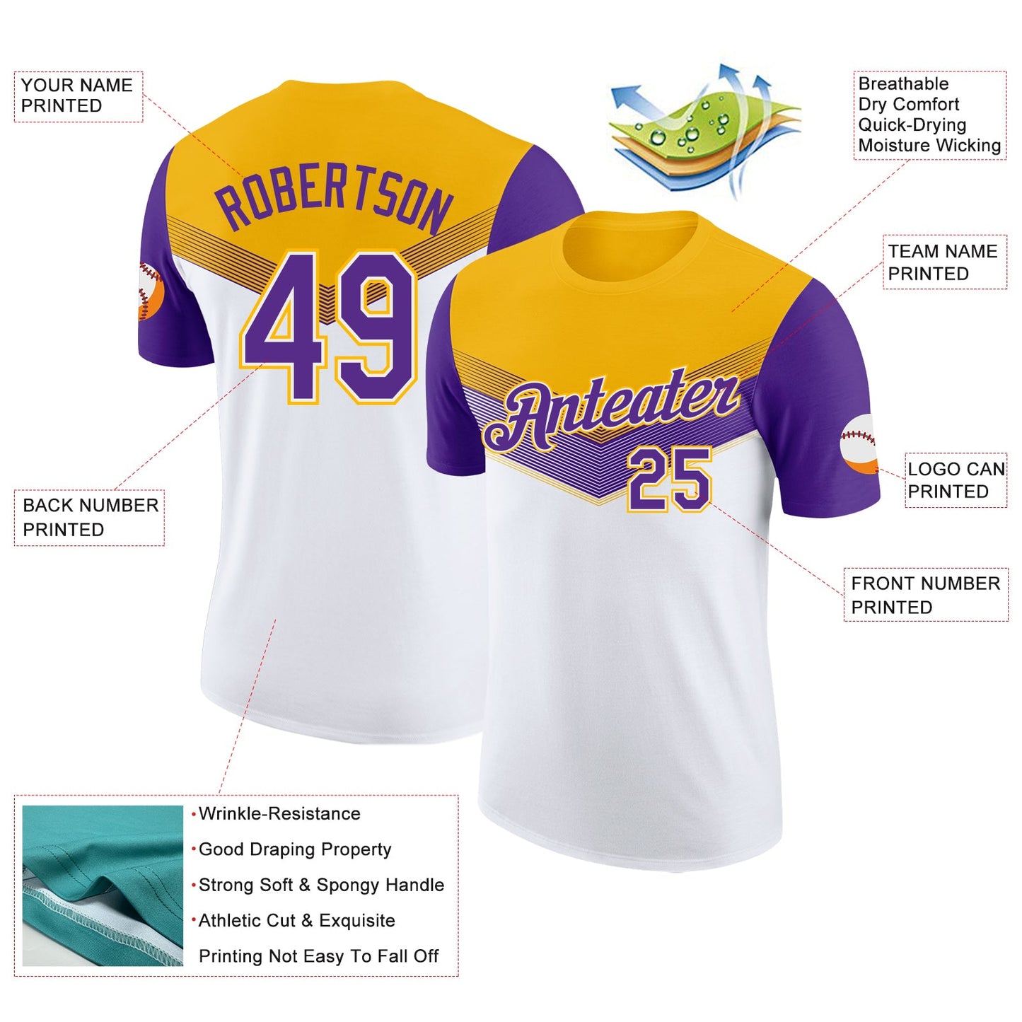 Custom Gold Purple-White Geometric V-Lines Color Block Performance T-Shirt view 2