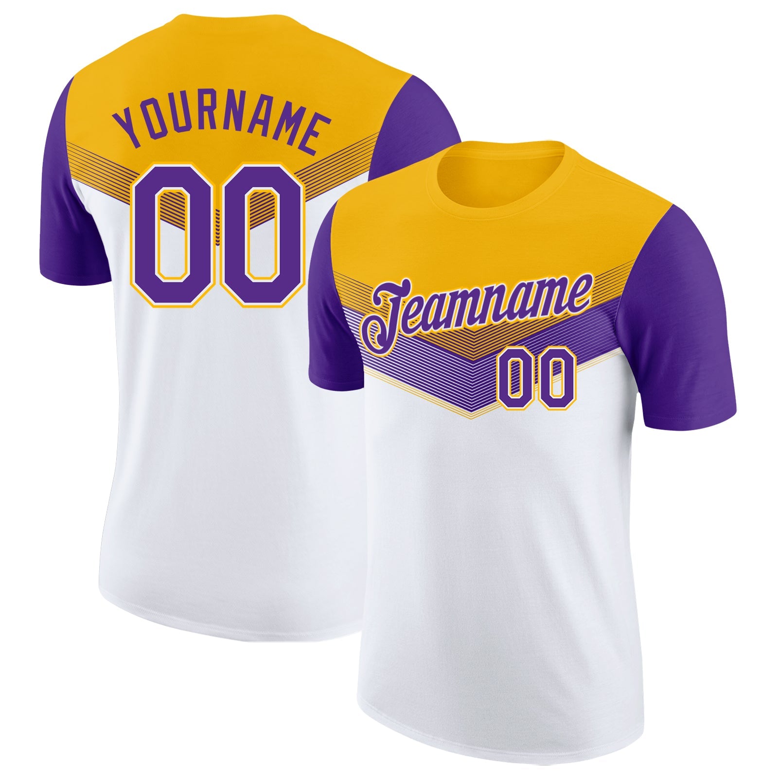 Custom Gold Purple-White Geometric V-Lines Color Block Performance T-Shirt - Main View