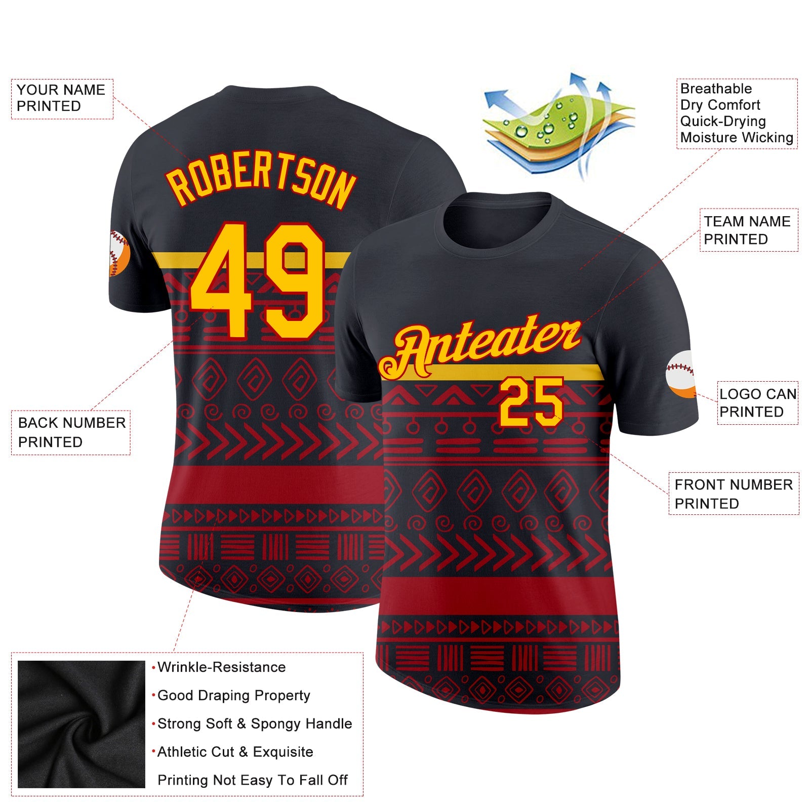 Custom Black Yellow-Red 3D Pattern Design Black History Month Performance T-Shirt view 2