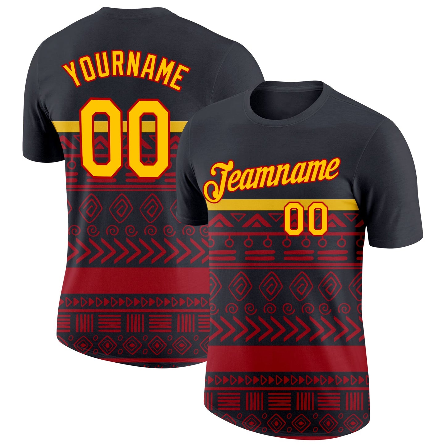 Custom Black Yellow-Red 3D Pattern Design Black History Month Performance T-Shirt - Main View