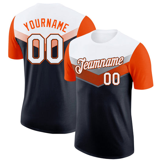 Custom White Black-Orange Geometric V-Lines Color Block Performance T-Shirt - Main View