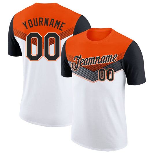 Custom Orange Black-White Geometric V-Lines Color Block Performance T-Shirt - Main View