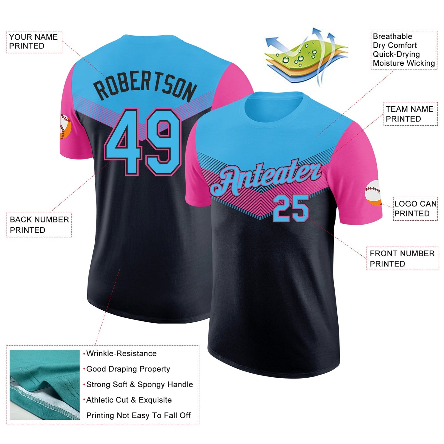 Custom Sky Blue Black-Pink Geometric V-Lines Color Block Performance T-Shirt view 2