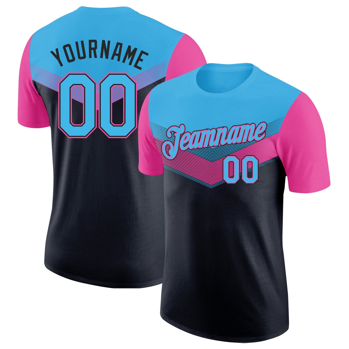 Custom Sky Blue Black-Pink Geometric V-Lines Color Block Performance T-Shirt - Main View