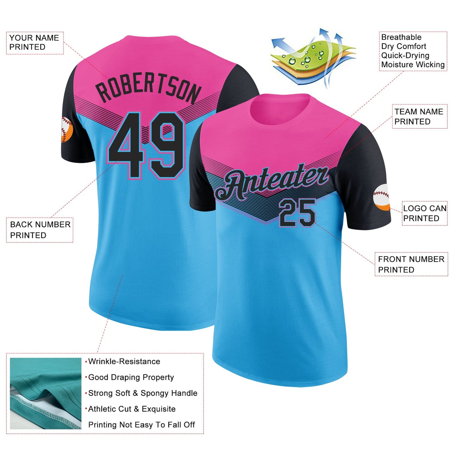 Custom Pink Black-Sky Blue Geometric V-Lines Color Block Performance T-Shirt view 2