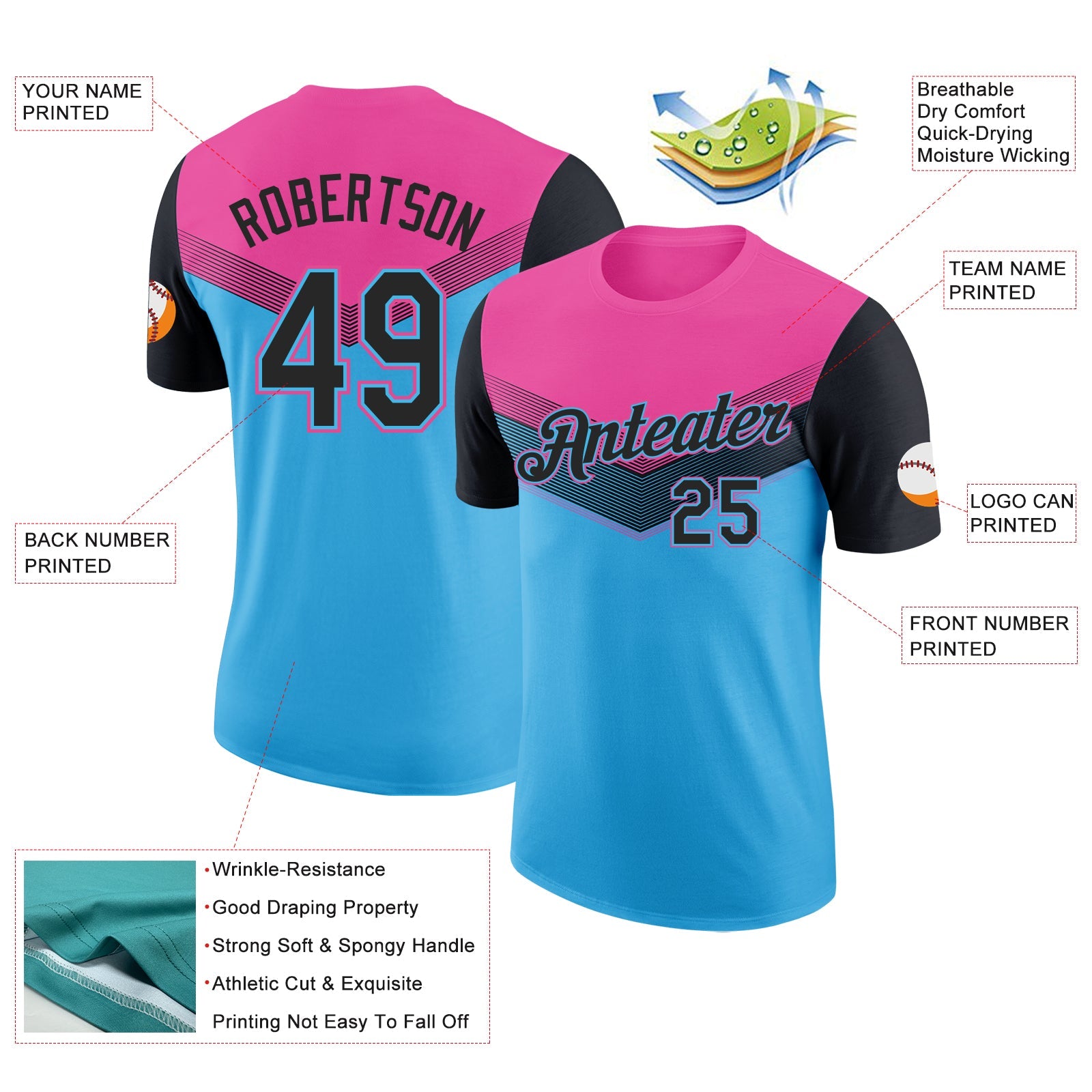 Custom Pink Black-Sky Blue Geometric V-Lines Color Block Performance T-Shirt view 2