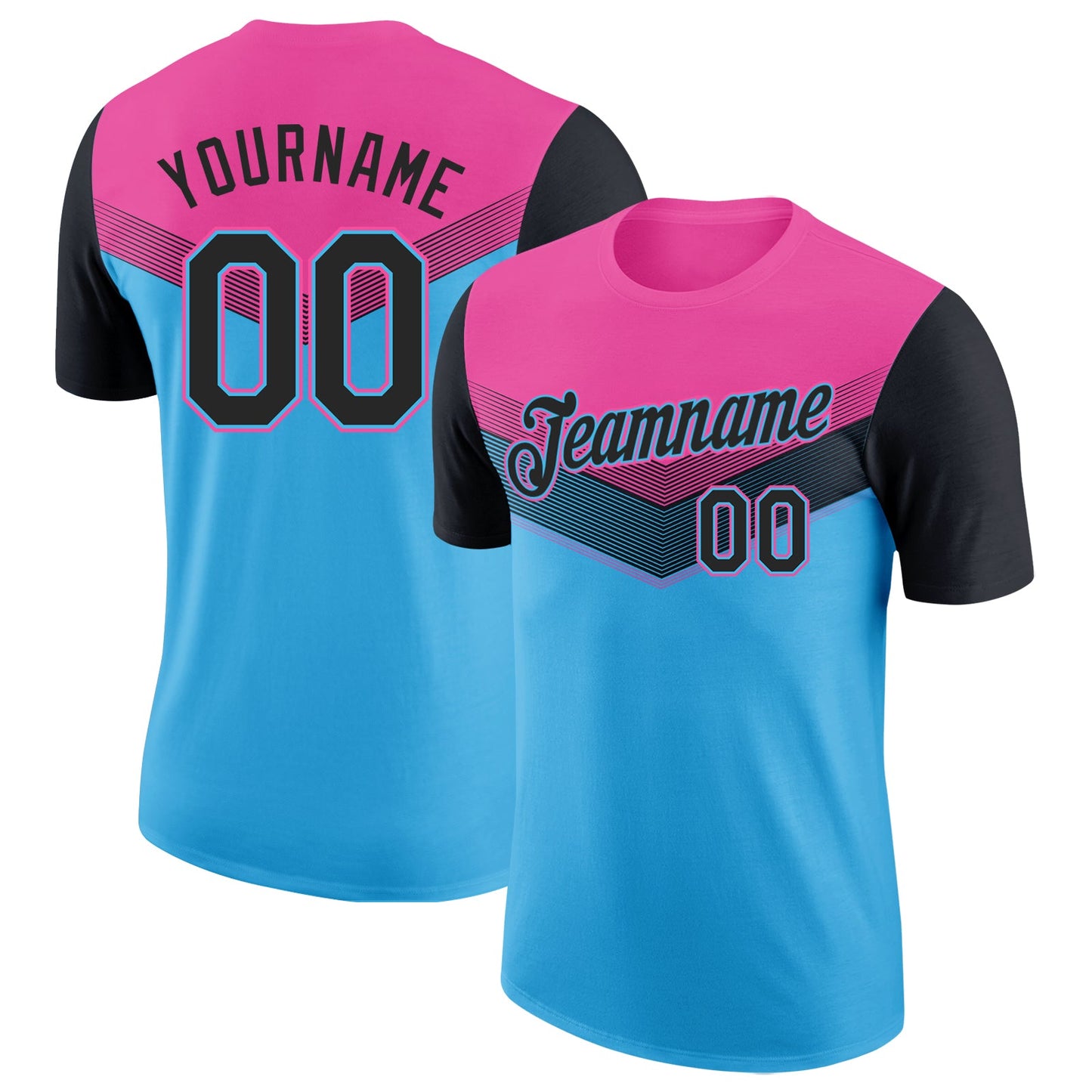 Custom Pink Black-Sky Blue Geometric V-Lines Color Block Performance T-Shirt - Main View