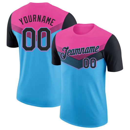 Custom Pink Black-Sky Blue Geometric V-Lines Color Block Performance T-Shirt - Main View