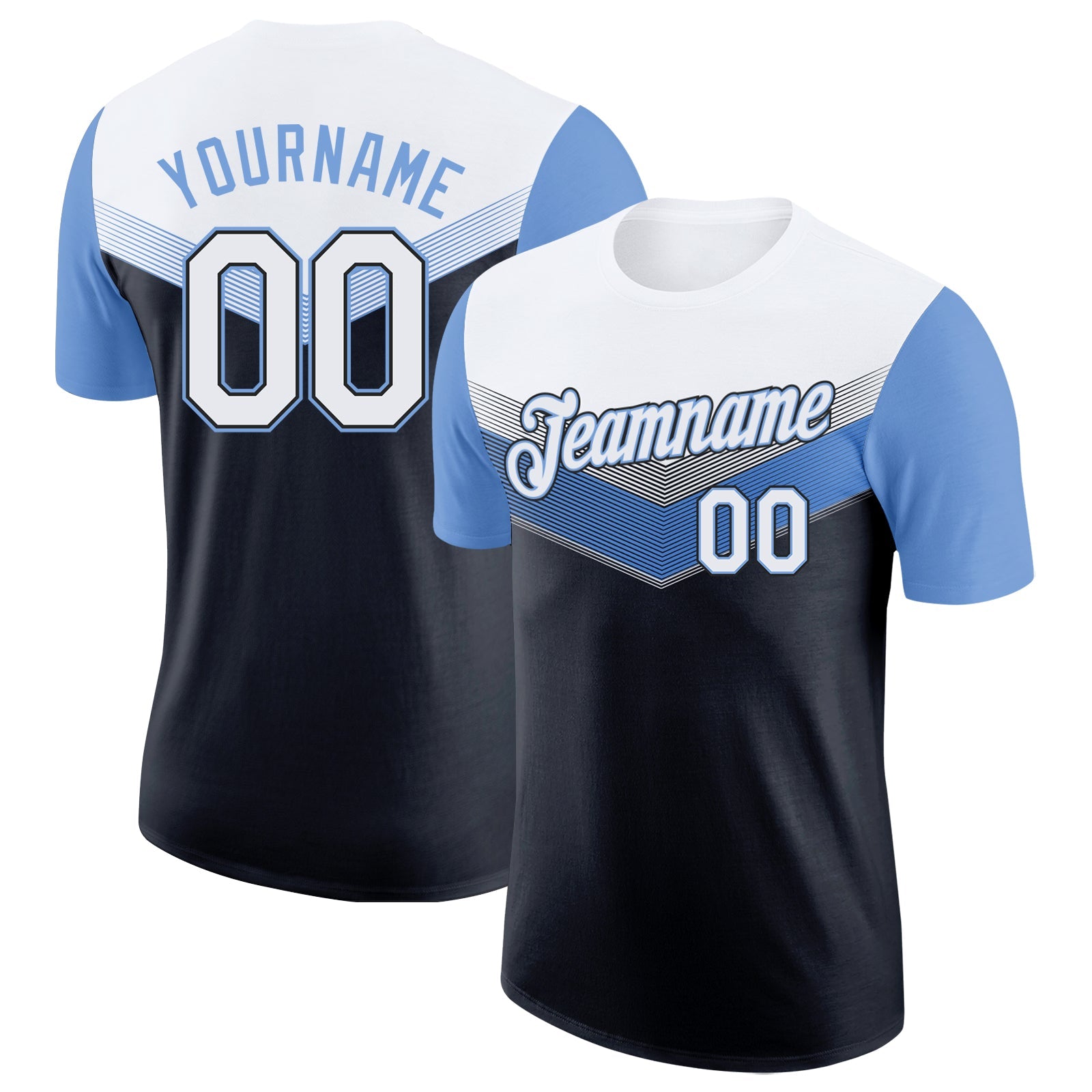 Custom White Black-Light Blue Geometric V-Lines Color Block Performance T-Shirt - Main View