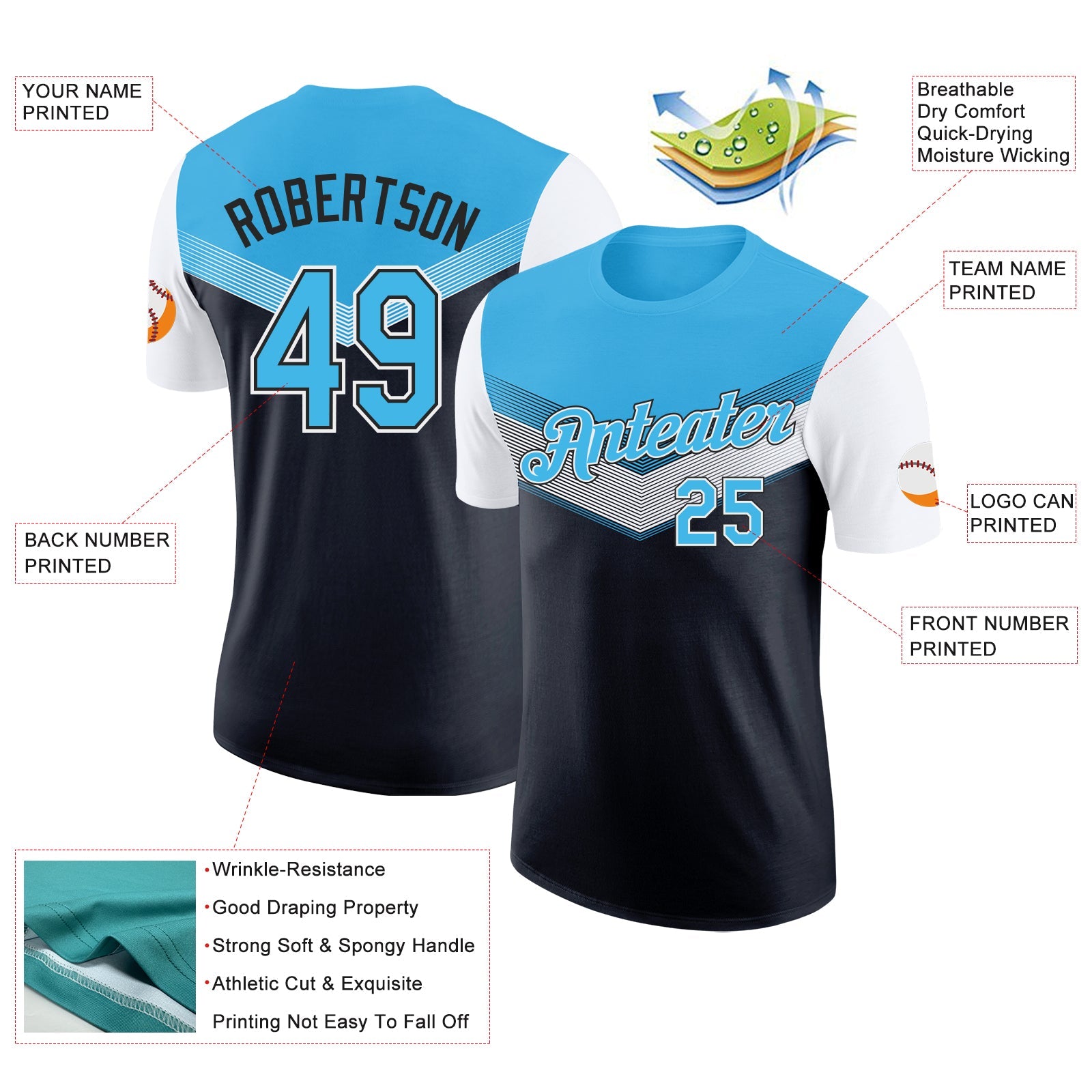 Custom Sky Blue Black-White Geometric V-Lines Color Block Performance T-Shirt view 2