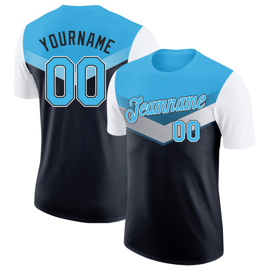 Custom Sky Blue Black-White Geometric V-Lines Color Block Performance T-Shirt - Main View