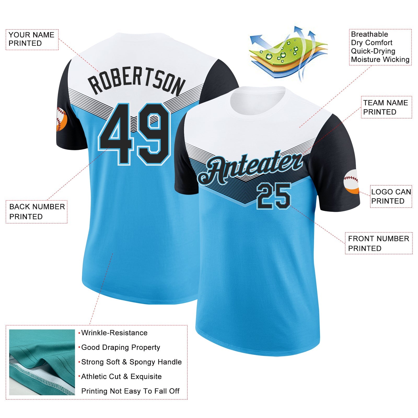 Custom White Black-Sky Blue Geometric V-Lines Color Block Performance T-Shirt view 2