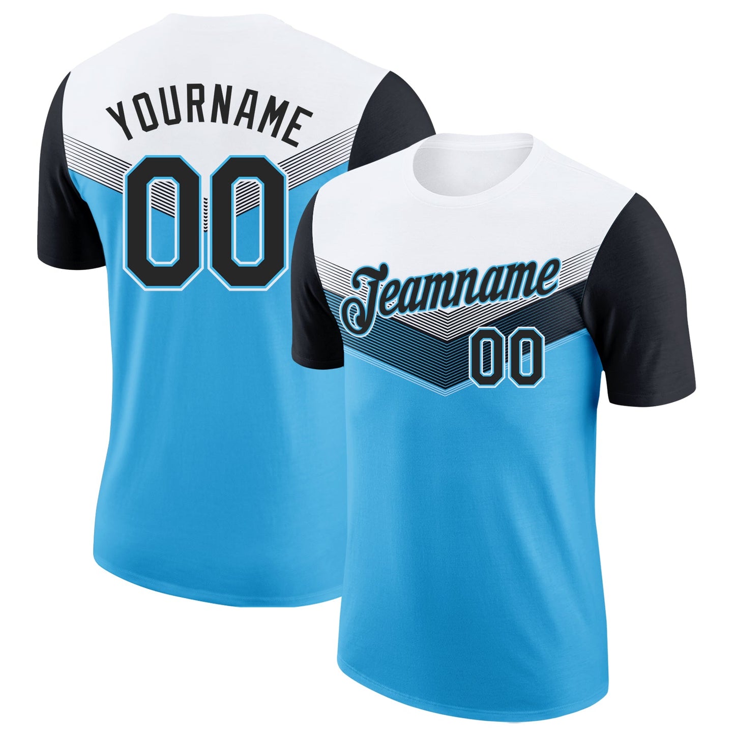 Custom White Black-Sky Blue Geometric V-Lines Color Block Performance T-Shirt - Main View