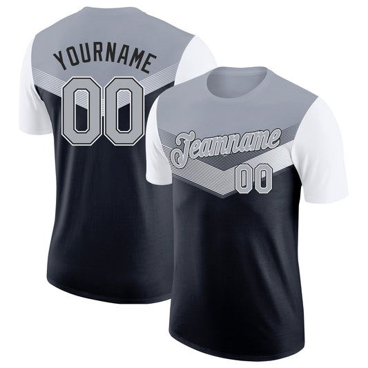 Custom Gray Black-White Geometric V-Lines Color Block Performance T-Shirt - Main View