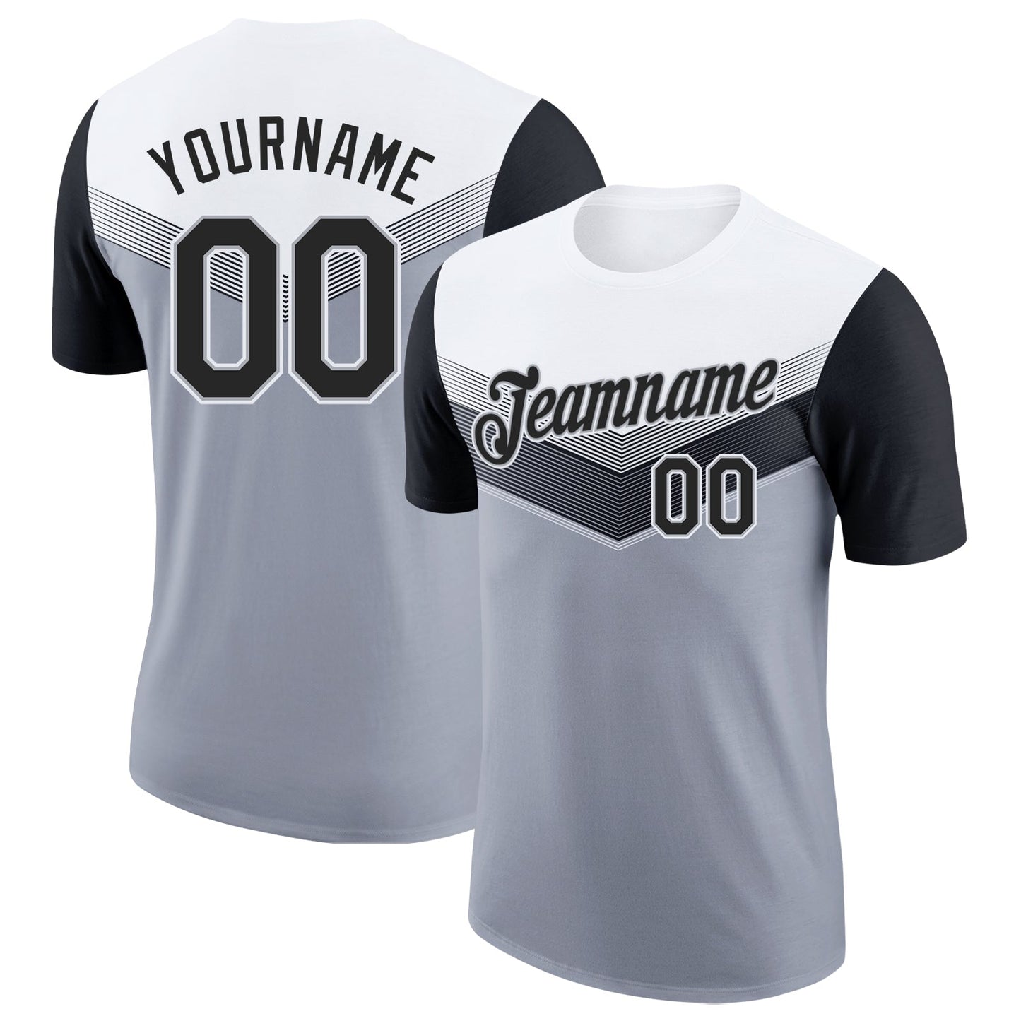 Custom White Black-Gray Geometric V-Lines Color Block Performance T-Shirt - Main View