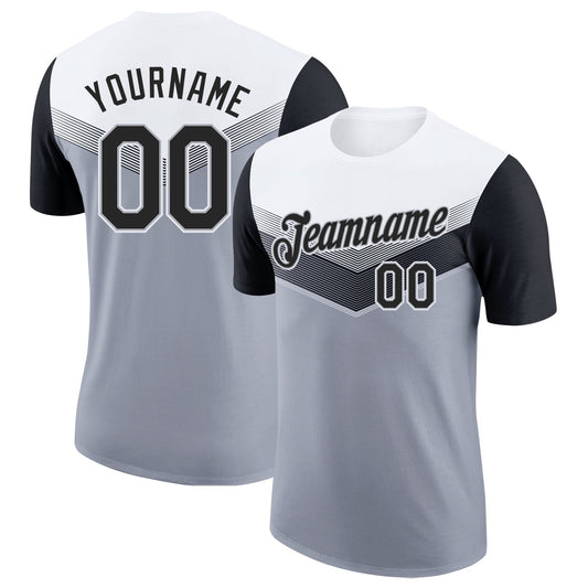 Custom White Black-Gray Geometric V-Lines Color Block Performance T-Shirt - Main View