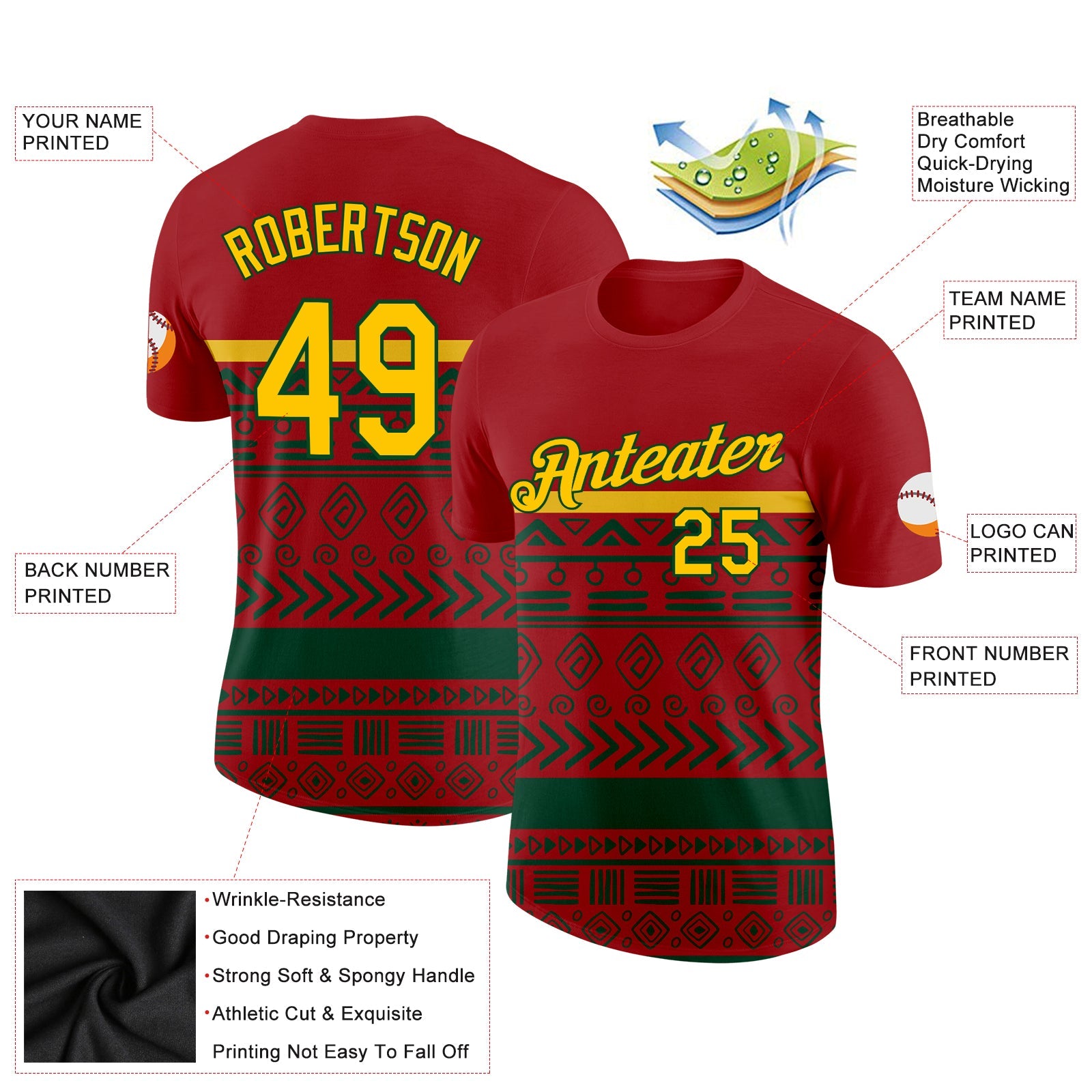 Custom Red Yellow-Green 3D Pattern Design Black History Month Performance T-Shirt view 2