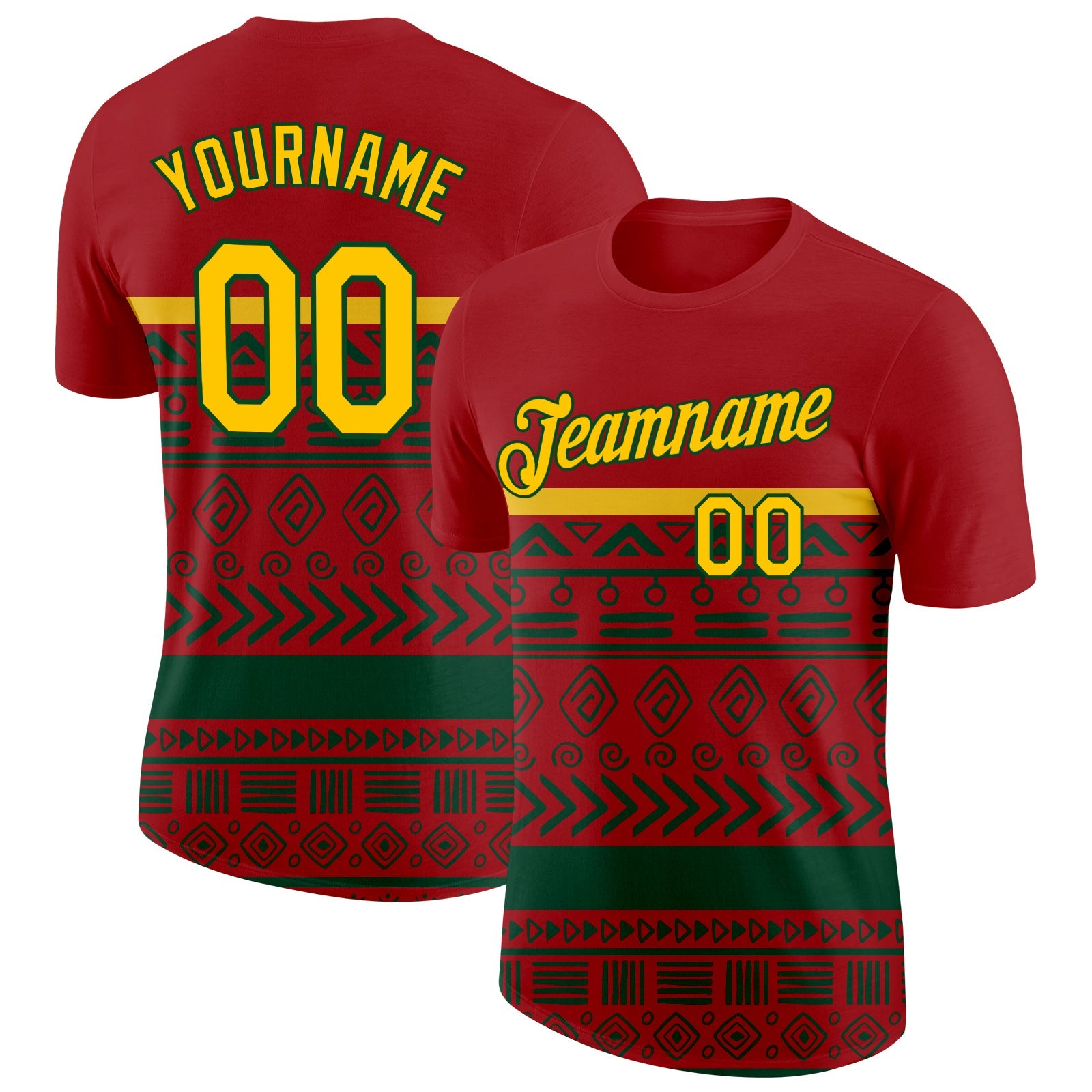 Custom Red Yellow-Green 3D Pattern Design Black History Month Performance T-Shirt - Main View