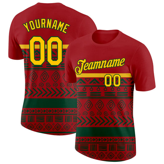 Custom Red Yellow-Green 3D Pattern Design Black History Month Performance T-Shirt - Main View