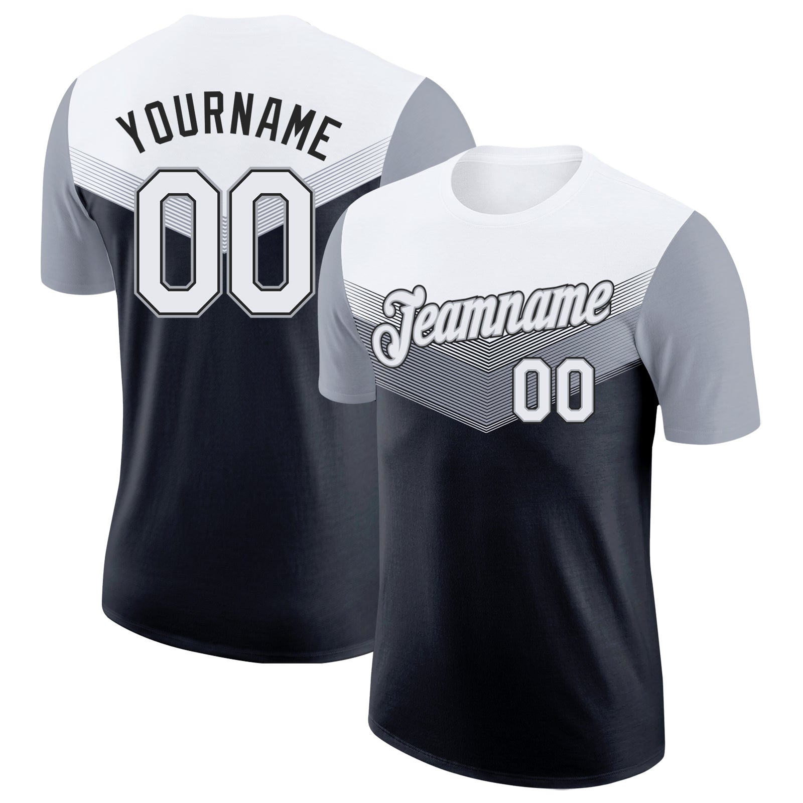 Custom White Black-Gray Geometric V-Lines Color Block Performance T-Shirt - Main View