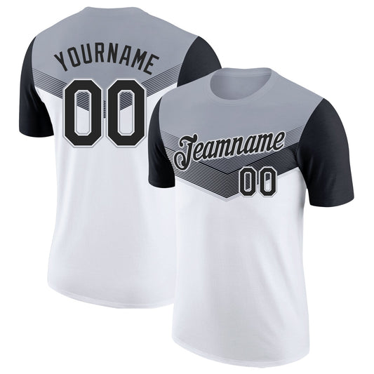Custom Gray Black-White Geometric V-Lines Color Block Performance T-Shirt - Main View