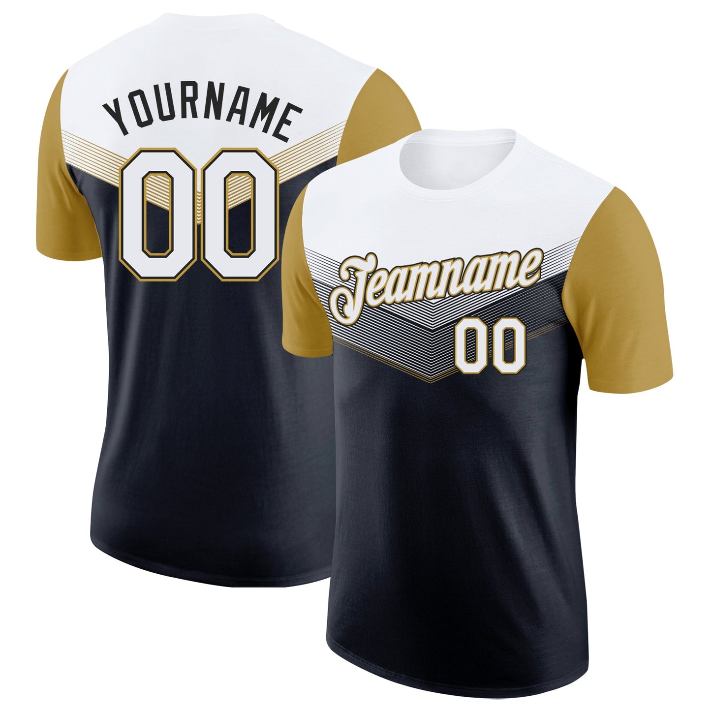 Custom White Black-Old Gold Geometric V-Lines Color Block Performance T-Shirt - Main View