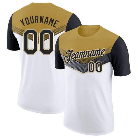 Custom Old Gold Black-White Geometric V-Lines Color Block Performance T-Shirt - Main View