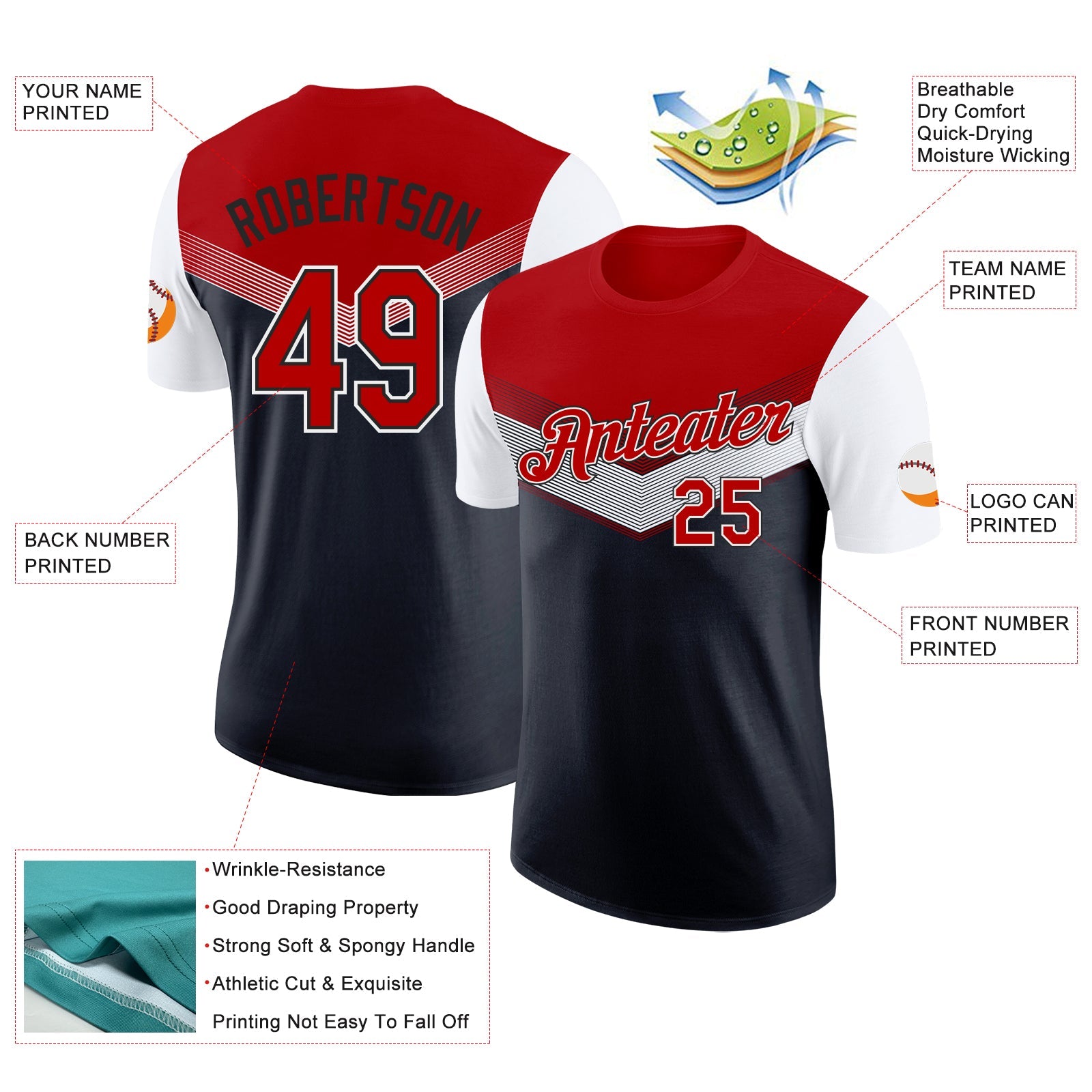 Custom Red Black-White Geometric V-Lines Color Block Performance T-Shirt view 2