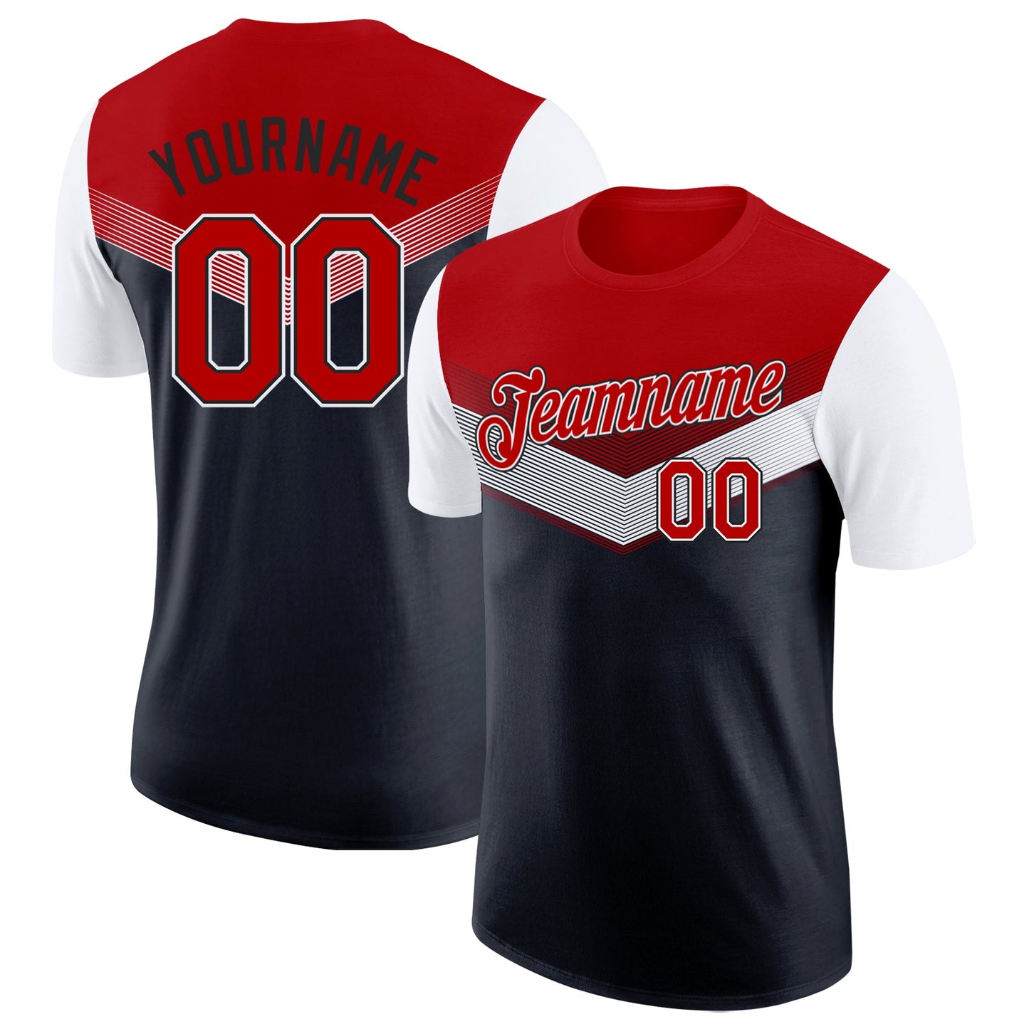 Custom Red Black-White Geometric V-Lines Color Block Performance T-Shirt - Main View
