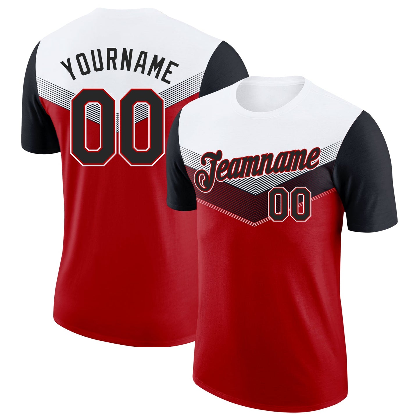 Custom White Black-Red Geometric V-Lines Color Block Performance T-Shirt - Main View
