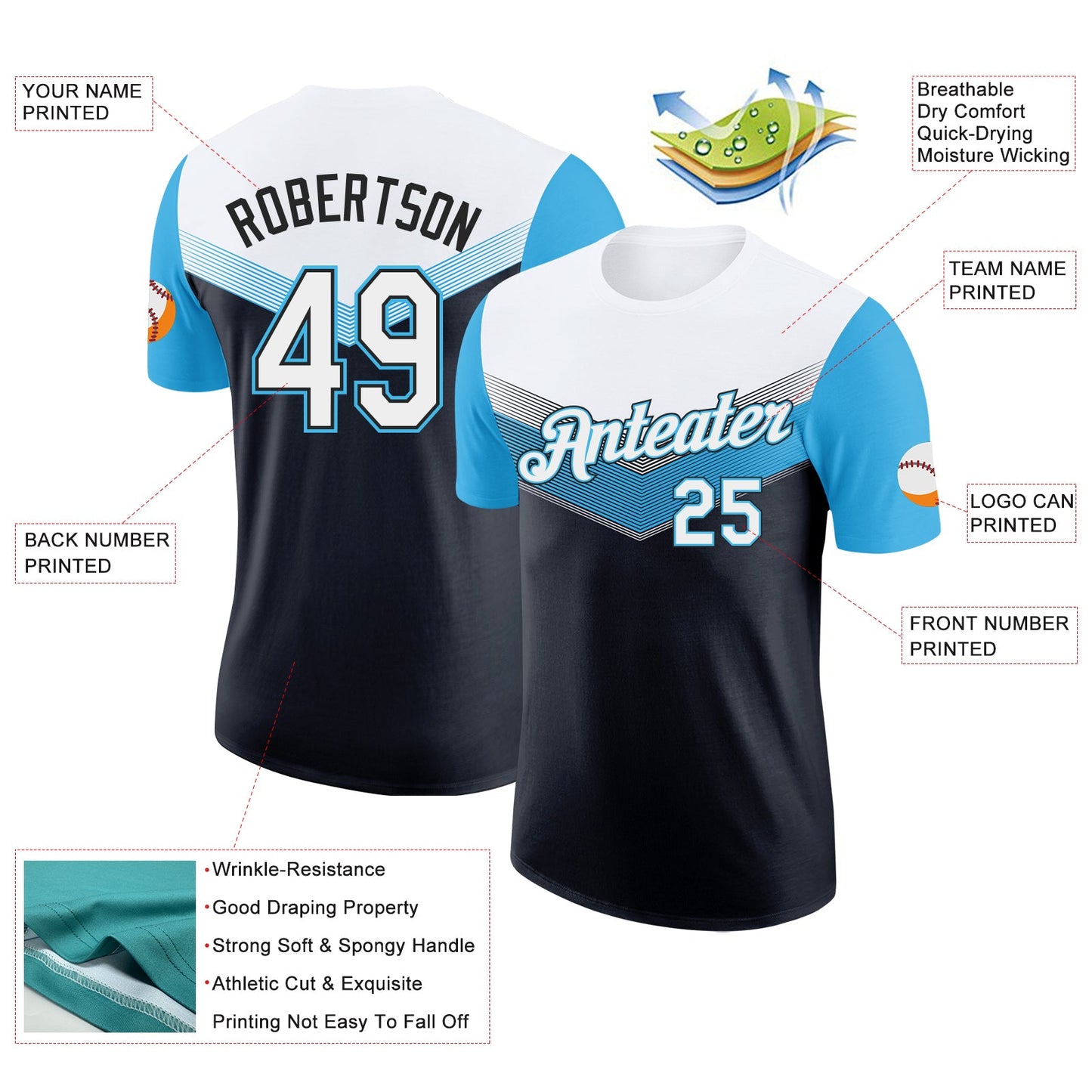 Custom White Black-Sky Blue Geometric V-Lines Color Block Performance T-Shirt view 2