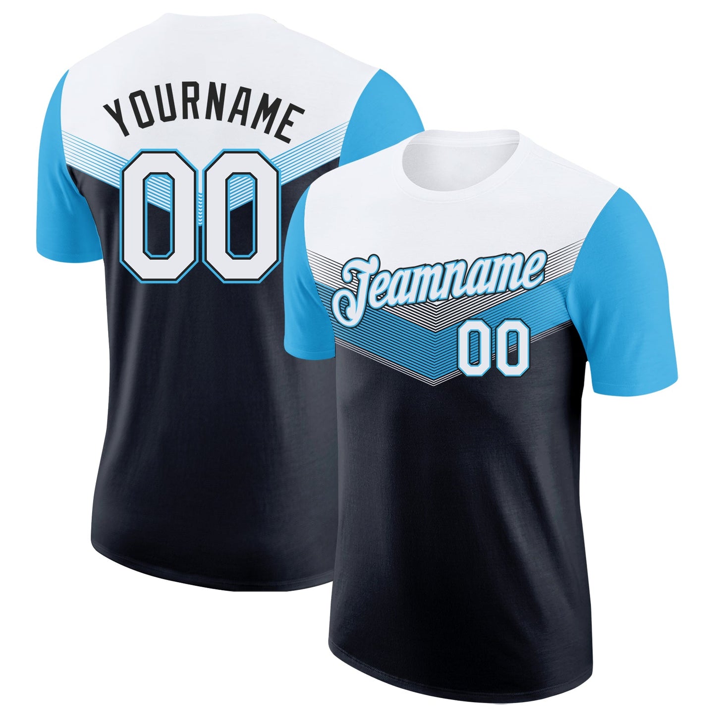 Custom White Black-Sky Blue Geometric V-Lines Color Block Performance T-Shirt - Main View