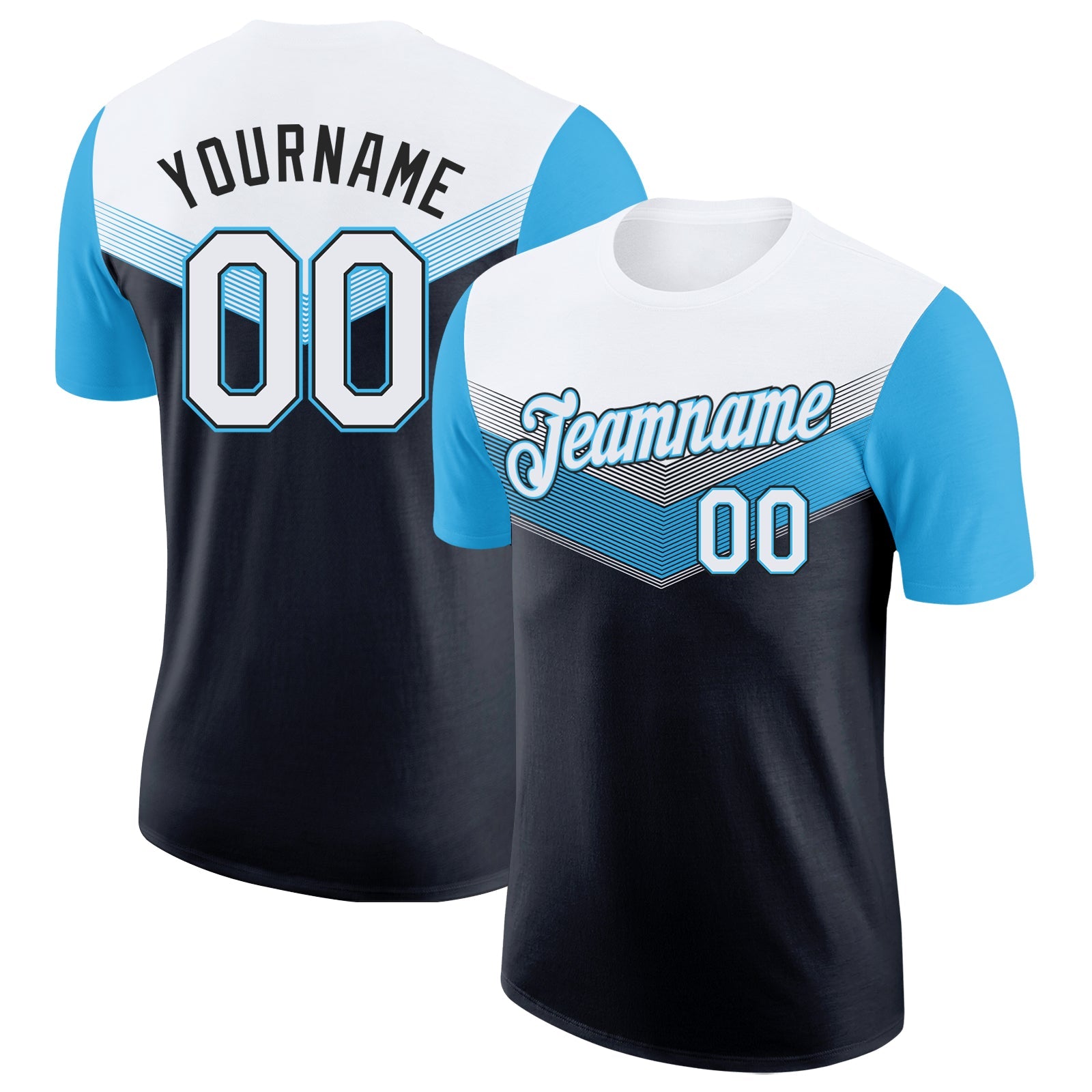 Custom White Black-Sky Blue Geometric V-Lines Color Block Performance T-Shirt - Main View