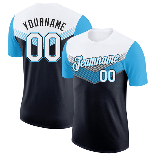 Custom White Black-Sky Blue Geometric V-Lines Color Block Performance T-Shirt - Main View