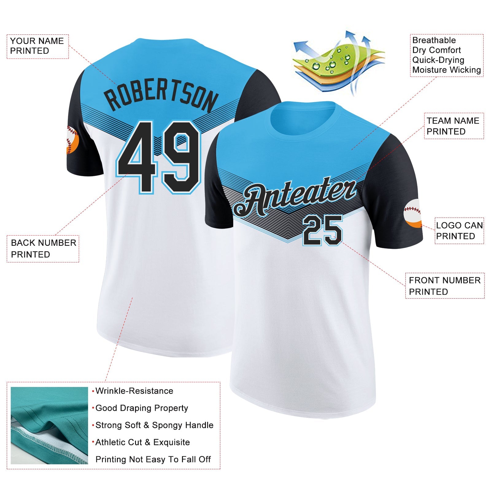Custom Sky Blue Black-White Geometric V-Lines Color Block Performance T-Shirt view 2