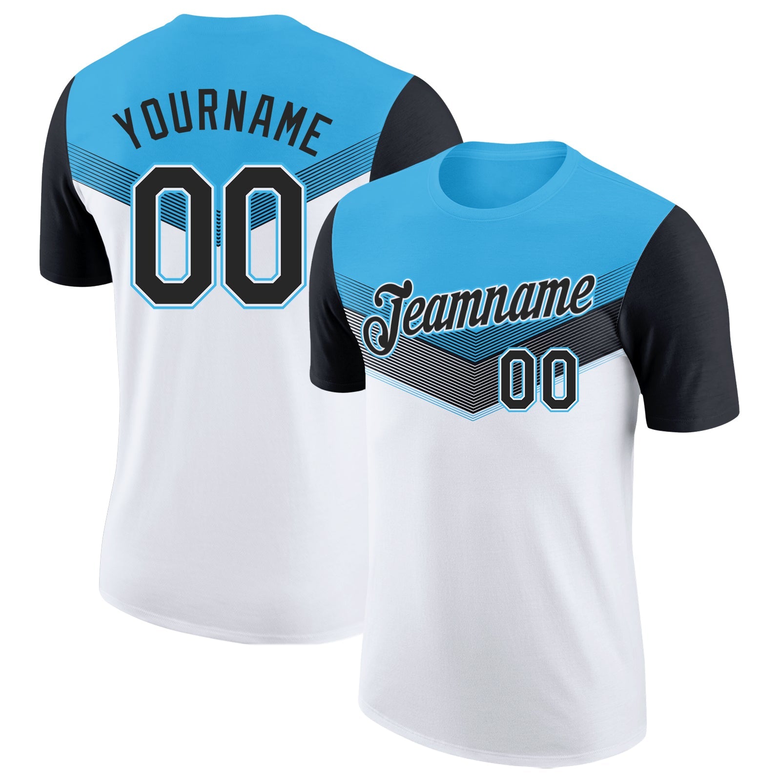 Custom Sky Blue Black-White Geometric V-Lines Color Block Performance T-Shirt - Main View