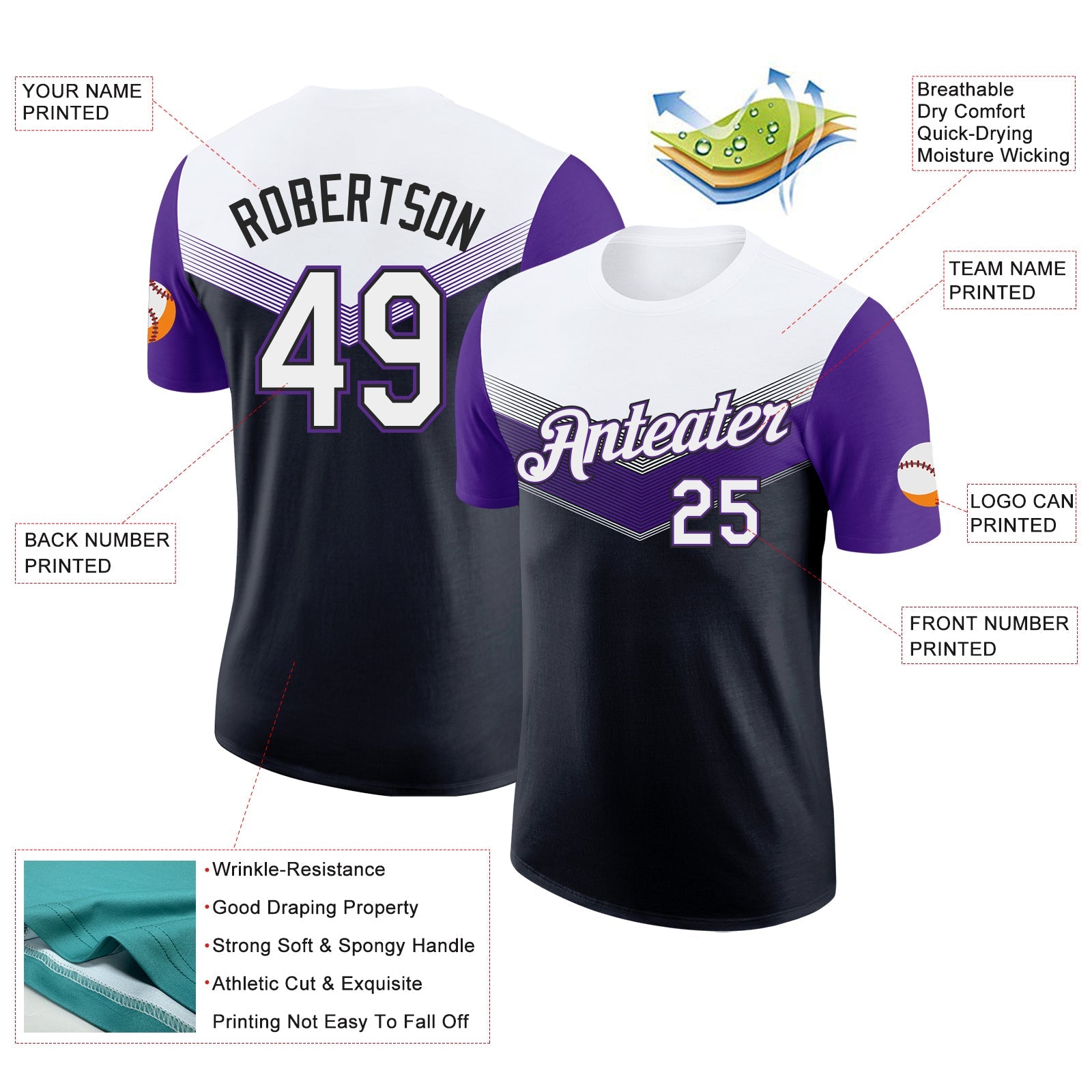 Custom White Black-Purple Geometric V-Lines Color Block Performance T-Shirt view 2