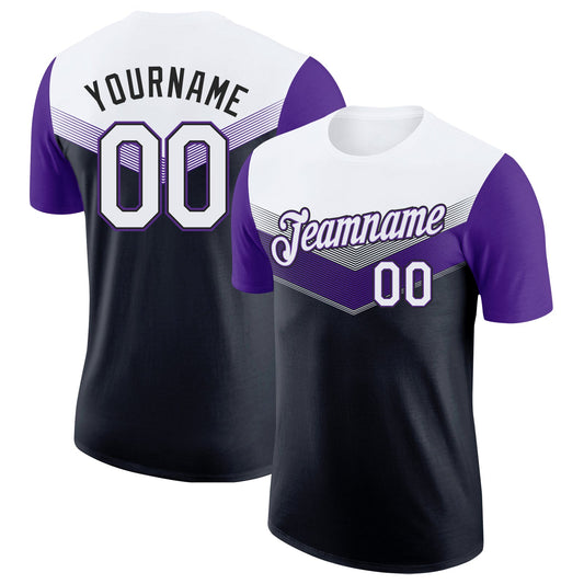 Custom White Black-Purple Geometric V-Lines Color Block Performance T-Shirt - Main View