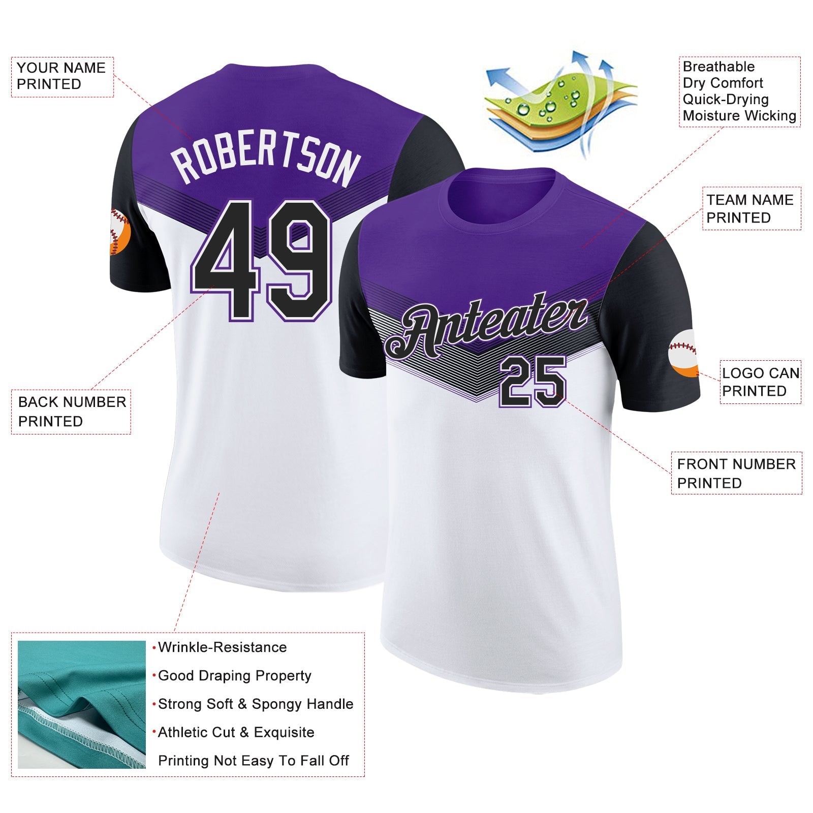 Custom Purple Black-White Geometric V-Lines Color Block Performance T-Shirt view 2