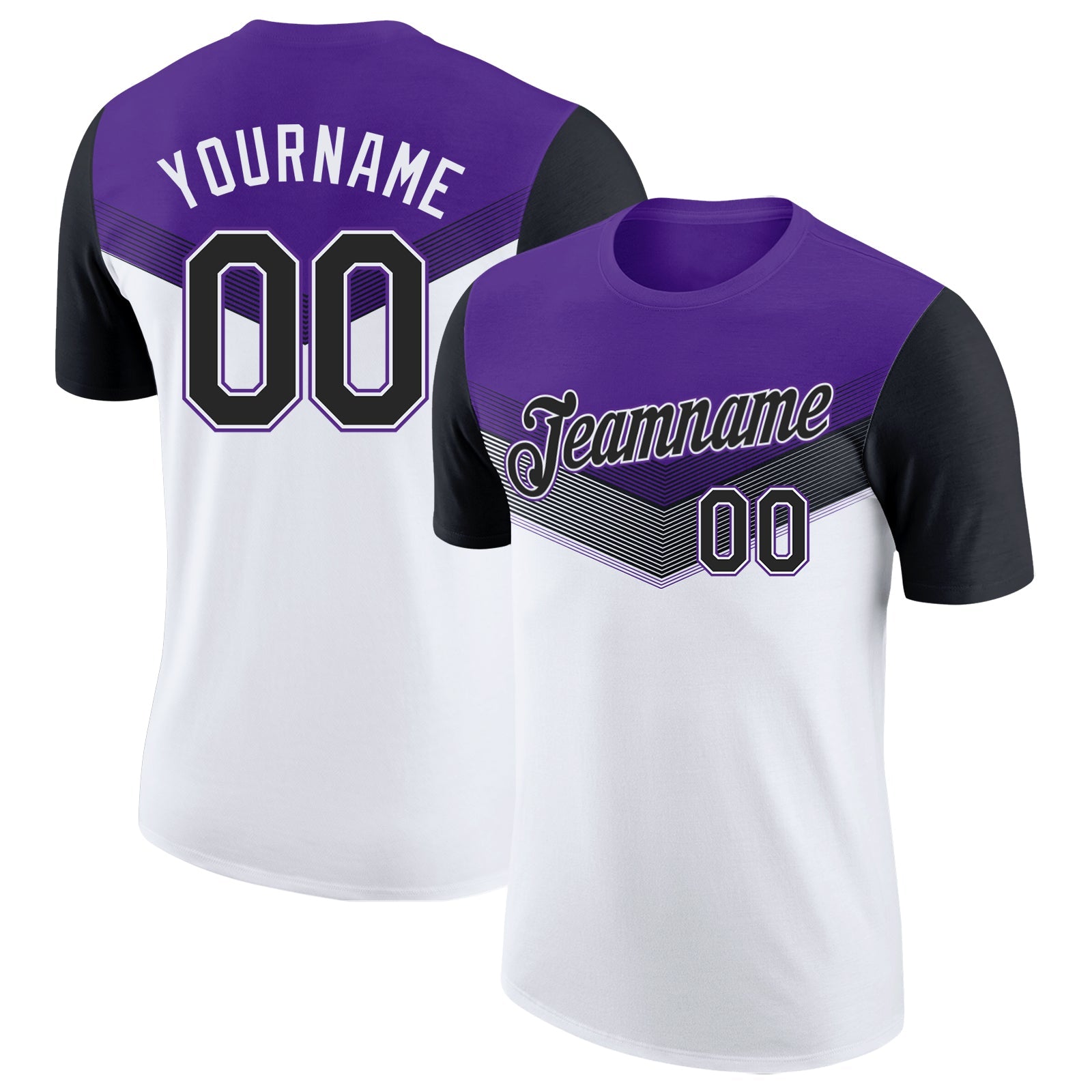 Custom Purple Black-White Geometric V-Lines Color Block Performance T-Shirt - Main View