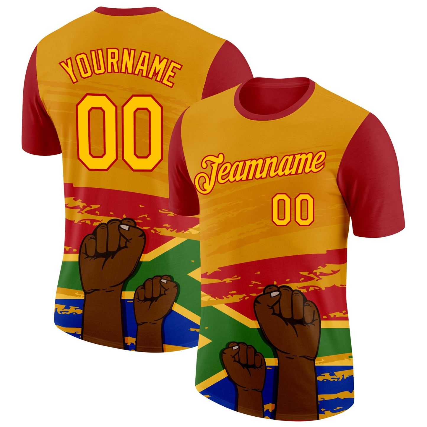 Custom Yellow Red 3D Pattern Design Black History Month Performance T-Shirt - Main View