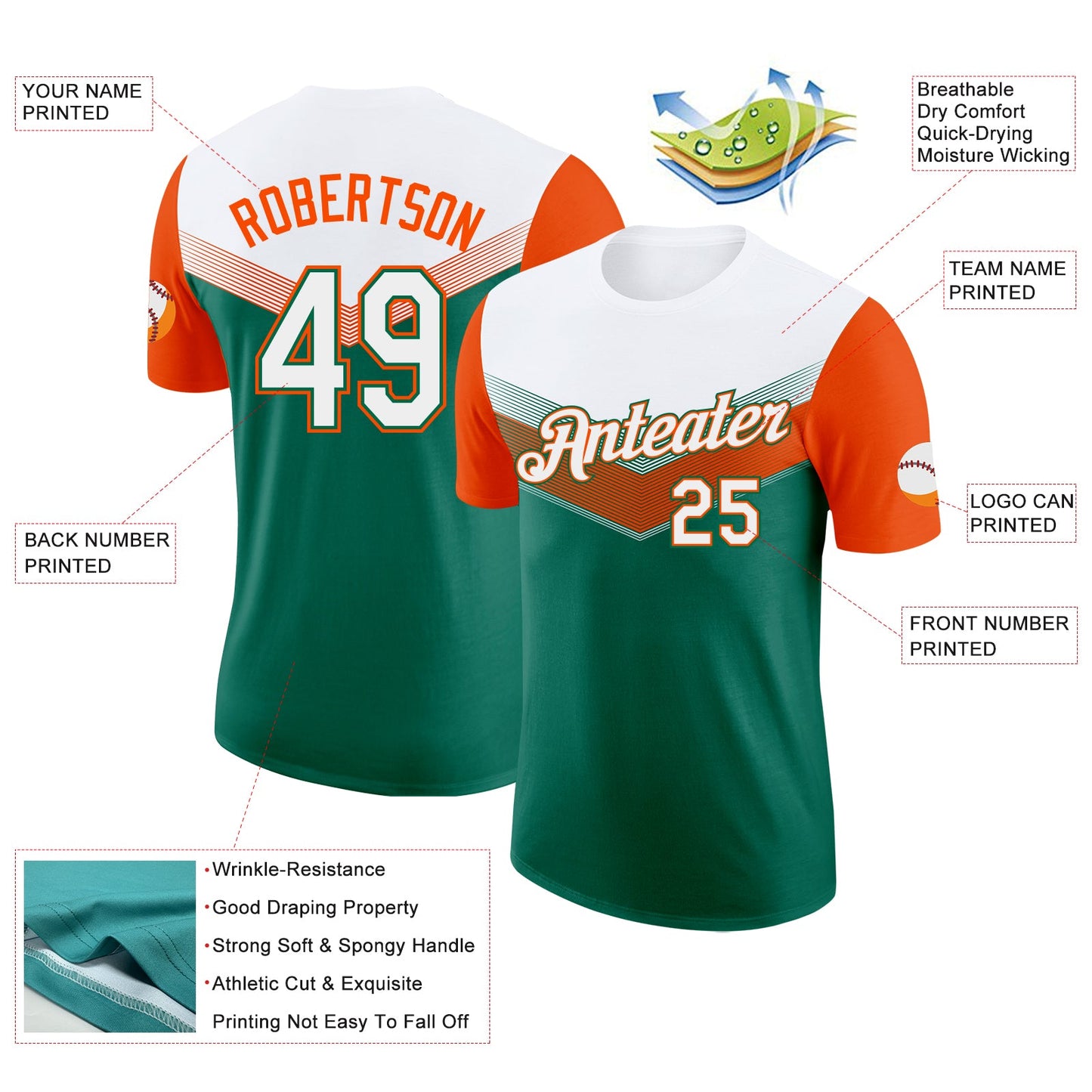 Custom White Kelly Green-Orange Geometric V-Lines Color Block Performance T-Shirt view 2