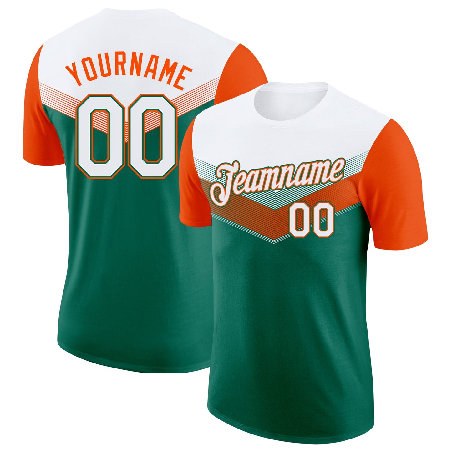 Custom White Kelly Green-Orange Geometric V-Lines Color Block Performance T-Shirt - Main View